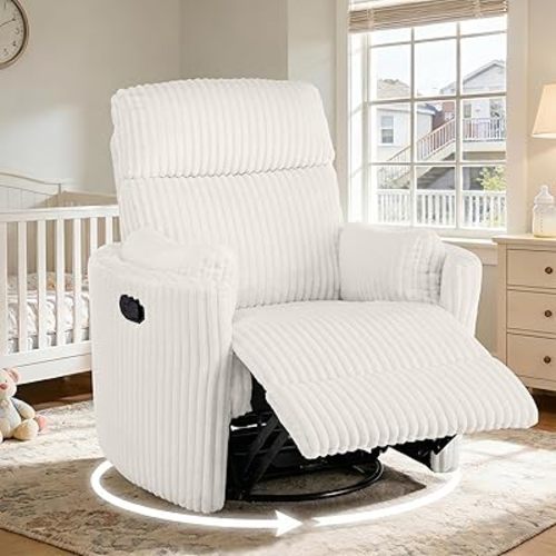 Oversized Swivel Rocking Chair, Manual Rocker Recliner Chairs for Adults, Corduroy Nursery Glider Barrel Chair with 2 Pillows, Wide Recliner for Living Room, Bedroom, Nursery, White