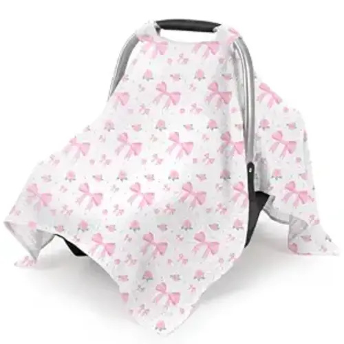 Baby Car Seat Cover, 100% Muslin Cotton Infant Car Seat Canopy Universal Carseat Cover Summer Breathable Sun Protector Canopies for Boys and Girls, Pink Bow