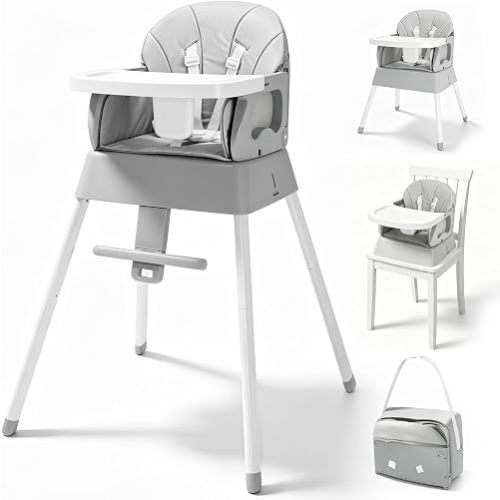 5 in 1 Foldable Baby High Chair,Convertible Highchair for Babies and Toddlers-Portable Infant Booster Seat,Foldable Dining Chair,Toddler High Chair with 5-Point Harness,Removable Tray (Grey)