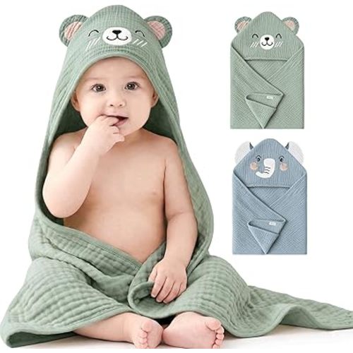 Konssy 2-Pack Muslin Baby Hooded Towels, 100% Cotton, Soft and Absorbent Baby Bath Towels for Newborn, Infant & Toddler with Animal Hooded Design(Elephant & Bear)