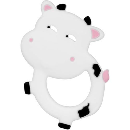Silicone Baby Teether Ring for 3–12 Months, BPA-Free Soft Teething Toy, Easy-Grip Cow Infant Teether for Boys and Girls (White)
