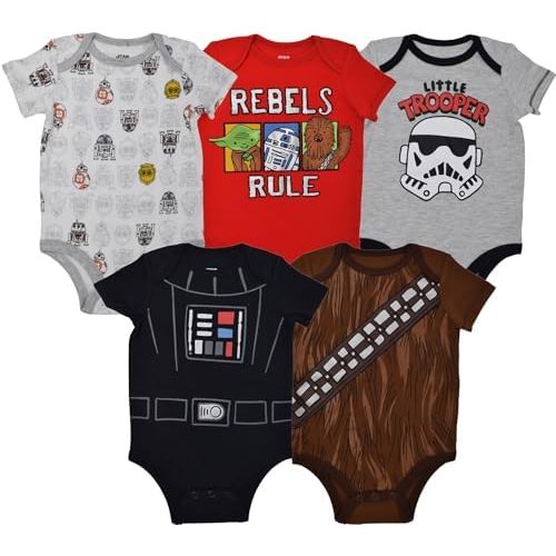 STAR WARS Chewbacca C-3PO R2-D2 Darth Vader Yoda 5 Pack Short Sleeve Bodysuits Newborn to Infant