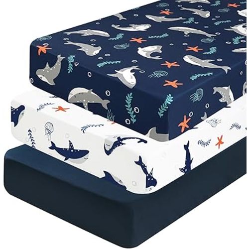 PHF 3 Pack Soft Shark Crib Sheets Fitted, Comfy Breathable Baby Sheets for Boys, 28x52 Inches Fits Standard Crib and Toddler Mattresses, Shark