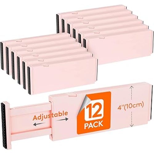 Lifewit 12 Pack Drawer Dividers Plastic 4" High, 11-17" Adjustable Drawer Organizers for Clothes, Expandable Dresser Separators in Bedroom/Bathroom/Kitchen/Office Organization and Storage, Pink