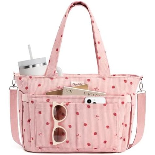 Corduroy Tote Bag for Women, 17 Pockets Laptop Work Tote Bag Lightweight Teacher Nurse Bible Bag for School Travel