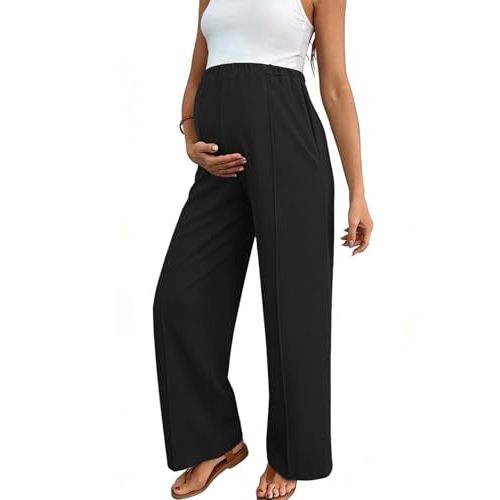 BLENCOT Women's Maternity Pants Work Adjustable Waisted Wide Leg Waffle Knit Trousers Pregnancy Clothes with Pockets