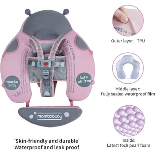 Mambobaby Float with Canopy Size Improved Non Inflatable Infant Baby Pool Float Smart Mambo Float Swim Trainer Baby Swim Float Mambo Baby Float Solid Air Free Water Waist Swimming Ring (PIN Ladybug)