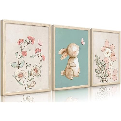 Generic Nursery Wall Art Cute Bunny Botanical Flowers Wall Decor Pink Green Nursery Pictures Posters Girl Bedroom Canvas Prints gifts for Baby Boys and Girls Playroom paintings Unframed(12x16inch)