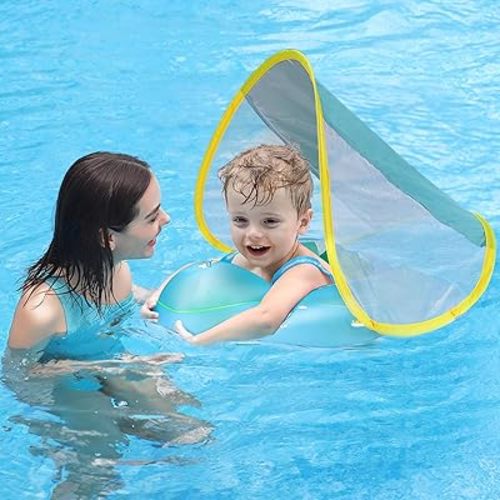 Free Swimming Baby Inflatable Baby Swim Float with Sun Canopy Size Improved Infant Pool Floaties Swimming Pool Toys for The Age of 3-36 Months(Blue, Small)