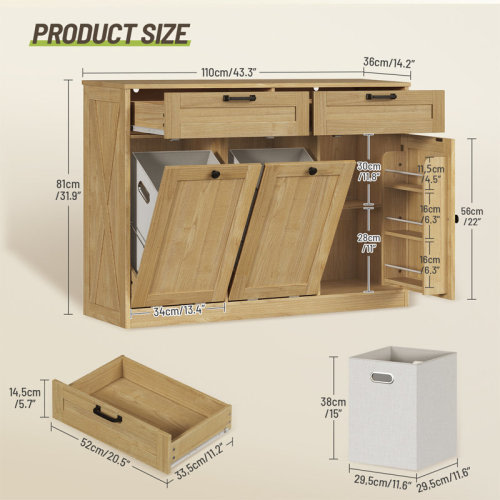 Gracie Oaks Double Tilt Out Laundry Hamper Cabinet, 43.3" Laundry Storage Cabinet With 2 Removable Baskets & Reviews | Wayfair