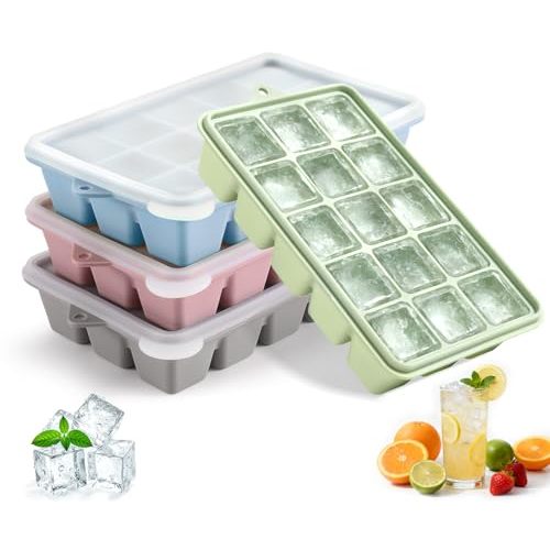 4-Pack Silicone Ice Cube Trays with Lid, Easy Release Ice Cube Molds, Reusable and Stackable Ice Trays for Freezer for Cocktail, Whiskey, Baby Food, BPA Free (Multicolour)