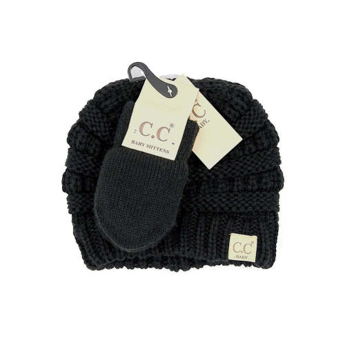 Black Ribbed Baby Beanie and Mittens Set