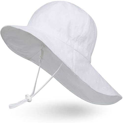 Ami&Li Baby Kids Summer Flap Cover Cap Cotton Anti-UV UPF 50+ Sun Hat - White Embroidery - 0-9 Months