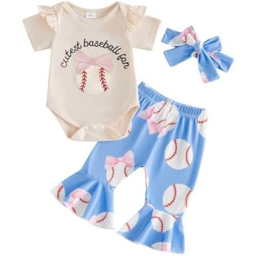 Newborn Baby Girl Baseball Outfit Cutest Baseball Fan Bow Romper Flare Pants Set 3Pcs Infant Summer Clothes