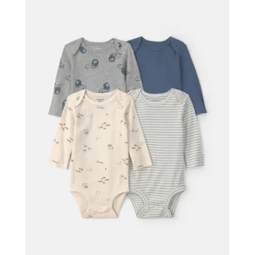 Baby Boy 4-Pack Safari Long-Sleeve Bodysuits - Blue/Grey/Ivory | Carter's