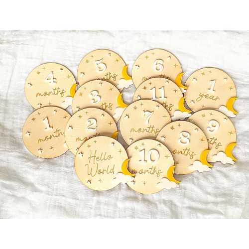Baby Milestone Cards- Wooden Monthly Milestone for Baby Photos- Baby Gift- Baby Shower Gift- Baby Space Theme- Milestone Cards- Moon&Stars