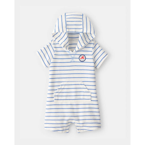 Baby Boy 'Oh Snap!' Lobster Stripe Short-Sleeve Hooded Romper - Blue/White | Carter's