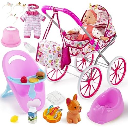 Baby Doll Stroller Toys Set with 12.5" Doll for 3-7, Foldable Stroller, Dining Chair, Accessories & 1 Outfits,Pretend Play Baby Doll Toys for Girls Ages 3-7