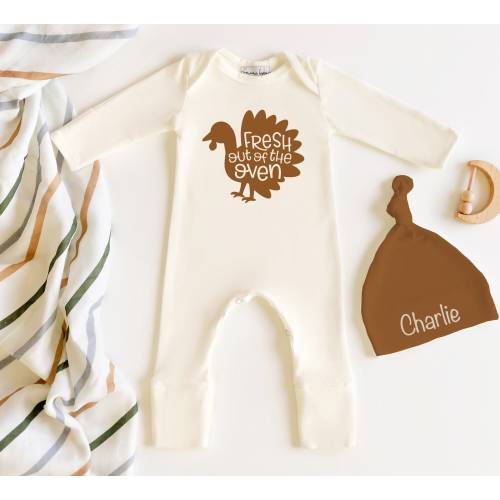 Thanksgiving Newborn Outfit: Cream Romper, Rust Hat, Personalized Blanket
