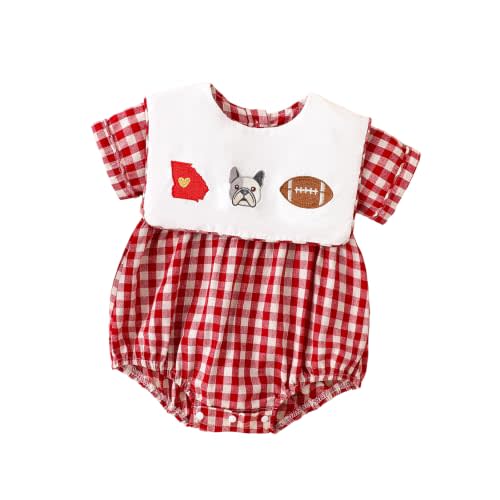Baby Boy Girl Football Outfit Bubble Romper Plaid Bodysuit | University Sports Fan Embroidery,Doll Collar,Short Sleeve Gingham Bubble Romper,Football Season Game Day Clothes