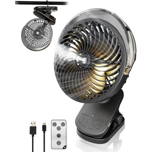 6″ Clip on Fan with Mist & LED Light, 8000mAh Portable Rechargeable Battery Operated Desk Fan with Remote, 45Hrs Quiet Auto Oscillation Small USB Fan for Golf Cart, Tent, Treadmill, Black