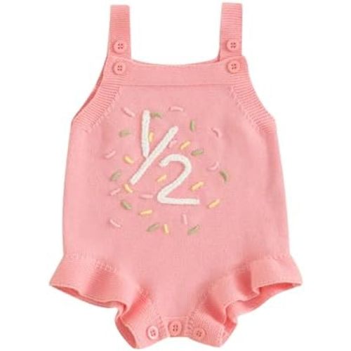 Baby Girl Half 1st Birthday Outfit Sleeveless Knit Sweater Onesie Embroidery Romper Infant Cake Smash Outfit