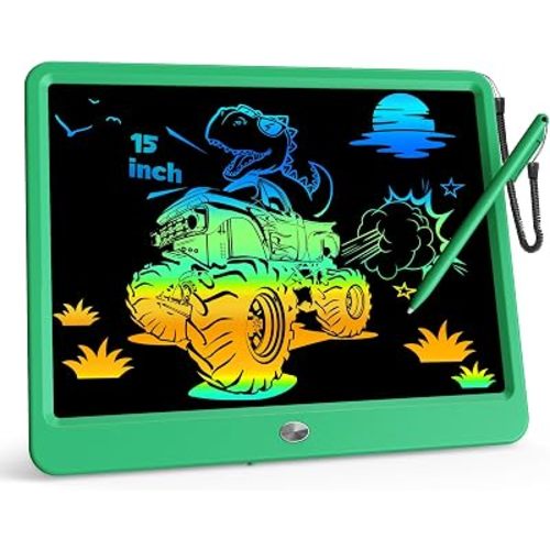 KOKODI 15 Inch LCD Writing Tablet with Anti-Lost Stylus, Erasable Doodle Board Colorful Toddler Drawing Pad, Car Travel School Games Toys for 3 4 5 6 7 8 Kids, Birthday Gift for Girls Boys Green