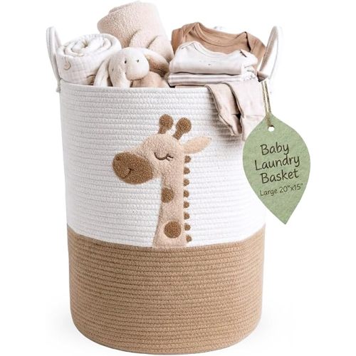 Large Giraffe Laundry Hamper for Nursery – 20" Tall Woven Rope Storage Basket for Baby Toys, Clothes, and Blankets – Cute Animal Nursery Decor with Handles – Soft & Durable Organizer Bin (White & Tan)