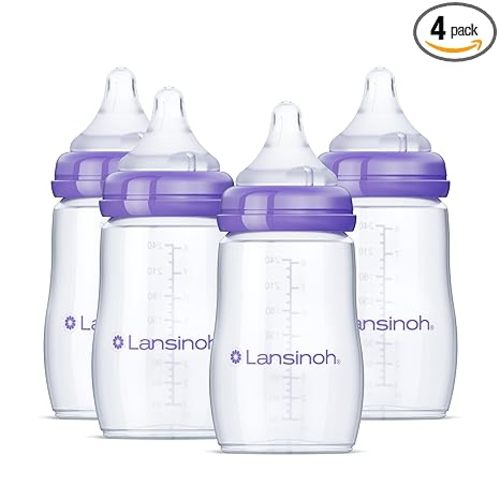 Lansinoh Anti-Colic Baby Bottles, BPA-Free Plastic, 8 Ounces, 4 Count, Medium Flow Nipples (Size M), Breastfeeding Bottle with NaturalWave Design