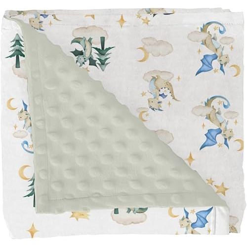 Fantasy Dragon Baby Blankets for Girl Boy Fairytale Dragons Moon Stars Cloud Trees Soft Mink Dotted Backing Double Layer Swaddle Receiving Blanket Myth Animal Bed Throw for Newborn Toddler Crib 30x40