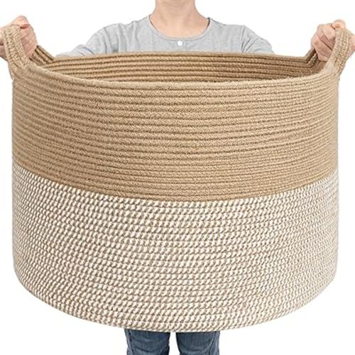 Goodpick Large Woven Storage Basket 21.7x13.8 Inch, White & Jute Laundry Hamper with Handles for Clothes, Blankets, Pillows, Blanket Basket for Living Room, Bedroom