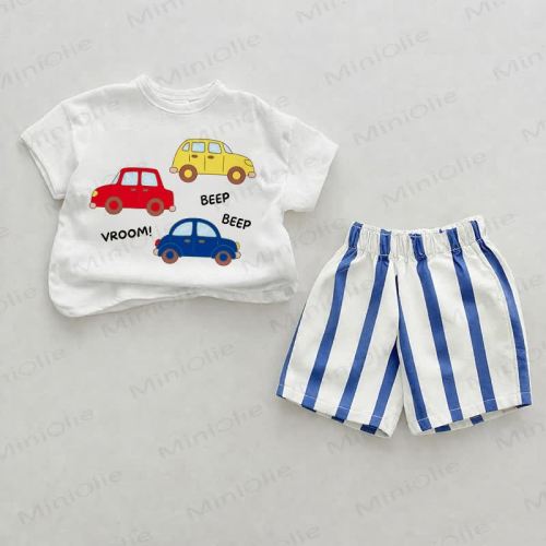 VROOM! BEEP BEEP Baby Car Print Blue Vertical Striped 2-piece Shorts Set