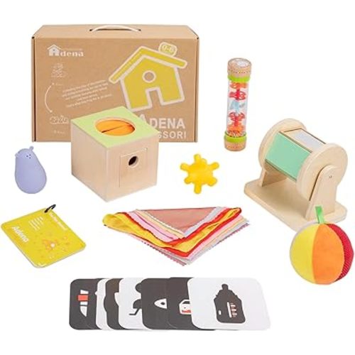 8 in 1 Montessori Toys for Babies 0-6 Month-Baby Tummy Time, Black White Card for Newborns,Rainmaker Rattle for Babies, Tissue Box,Spinning Drum,Ball with Bell-Baby Sensory Developmental Toys