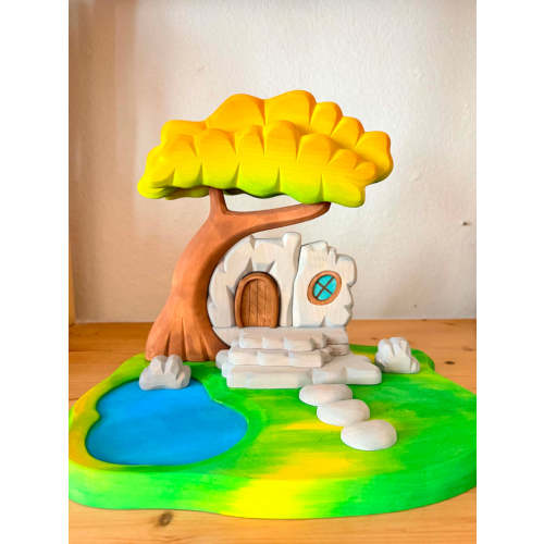 Enchanted Woodland Tree House – Handcrafted Wooden Fairy House with Pond & Stepping Stone Path