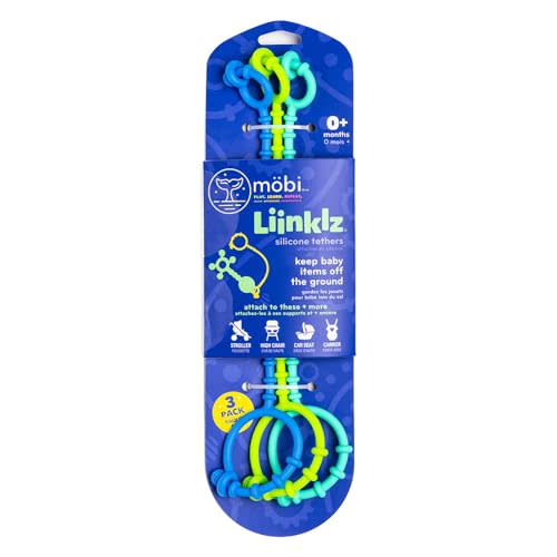 Mobi Liinklz Silicone Tethers, Soft Toy Straps for Baby,  Cool Colors (3 Pack)