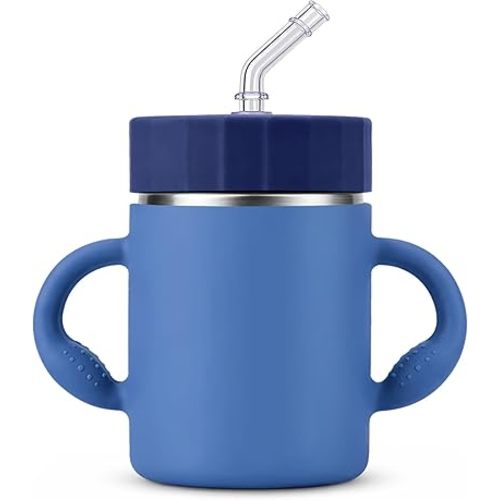 12oz Insulated Kids Water Bottle, Stainless Steel Sippy Cup with Straw & Handles, Spill-Resistant Kid Cup, Silicone Sleeve for Anti-Drop Protection, Great for Travel- Navy Blue
