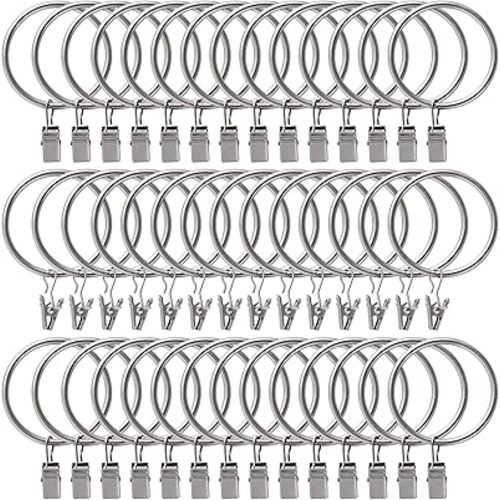 44 Pack Curtain Rings with Clips Hooks 1.5 inch Rustproof Matte Metal Stainless Steel Drapery Rings for Tension Rod Bracket Eyelets Decorative Hangers, Matte Silver (1.5" Interior Diameter)
