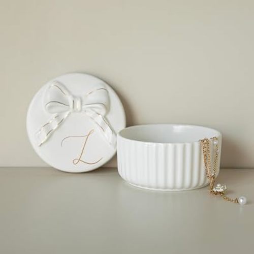 COLLECTIVE HOME Monogram Ceramic Jewelry Box with Bow - Small Trinket Dish, Elegant Wedding，Bridal Shower & Bridesmaid Gifts (L)