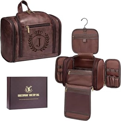 Personalized Employee Appreciation Work Anniversary Promotion Gifts for Men Male, Large Mens Leather Travel Toiletry Bag Hanging Grooming Dopp Kit Organizer, Tan Brown Initial Letter J