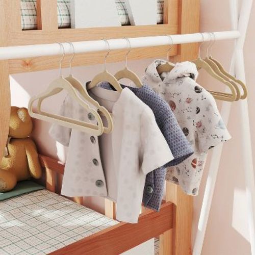 LEDREM Kids Velvet Hangers 50 Pack, Non-Slip Space-Saving Baby Hangers with Rose Gold Hooks, 11.6 x 7.9 x 0.2 Inches, Beige