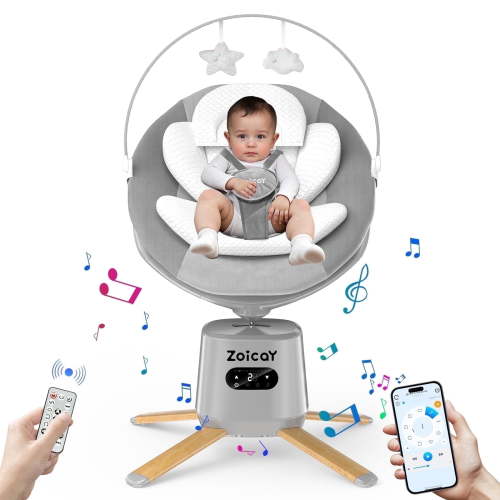 Zoicay Portable Baby Swing with 9 Sway Modes & 8 Speeds, APP Remote Control, 360° Rotating Seat, 6 Lullabies & Bluetooth Music, Gray