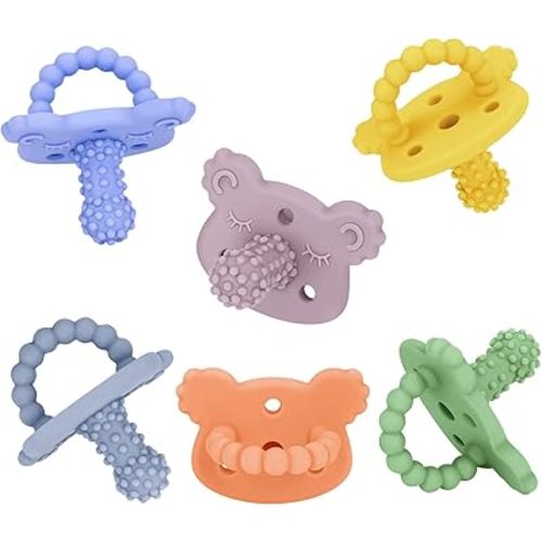 Silicone Teether Pacifier, Teething Toys for Teething Relief & Sensory Exploration, 6 Pack Grainy Textured Baby Pacifier – Food-Grade, BPA-Free, Easy to Hold, Dishwasher Safe, 3+ Months