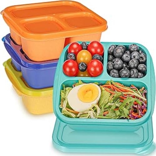 Reusable Snack Containers with Lids, 3 Compartments Bento Snack Boxes, 4 Pack Divided Lunchable Food Containers for Kids & Adults Bento Box for School, Work, Travel