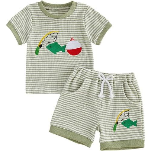 Kupretty Toddler Baby Boy Clothes Summer Baseball Outfits Waffle Knit Play Ball Embroidery Crewneck T-shirt + Shorts Set