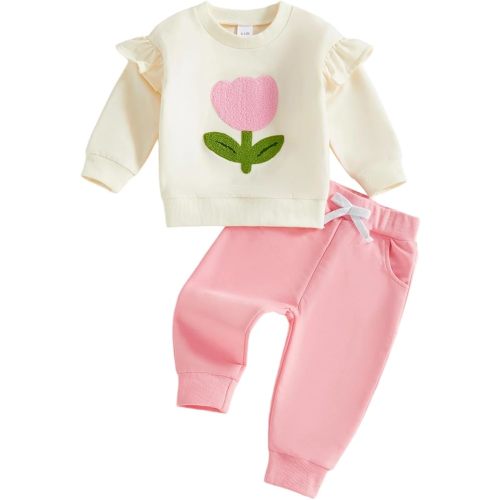 2PCS Baby Girl Outfit Ruffle Long Sleeve Sweatshirts Cute Flower Tops Jogger Pants Newborn Infant Sweatsuit Set