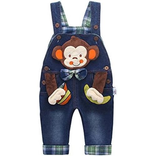 KIDSCOOL Baby Girls Boys Denim Overalls 3D Monkey Plaid Toddler Rompers