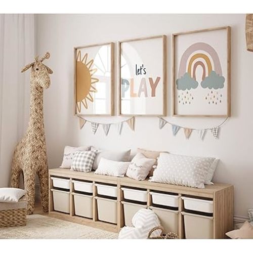 Playroom Nursery Wall Art Decor Boho Baby Girl Canvas Rainbow Wall Art Kids Room Prints Nursery Pictures Play Sign Kids Artwork Posters Baby Girl Painting for Bedroom 16x24 Inch Unframed Set of 3