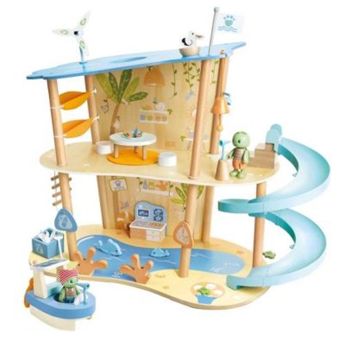 Hape: Ocean Rescue Playset - 47pc Wooden 2 Level Doll House w/ Slide,3+