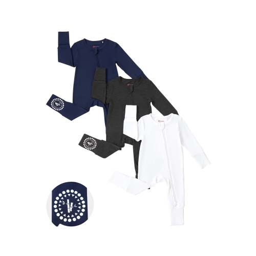 Bamboo Baby Boy / Girl 3-Pack Solid&Rainbow Printed 2-Way Zip Onesies Anti Slip Long-sleeve Footie Dark Blue