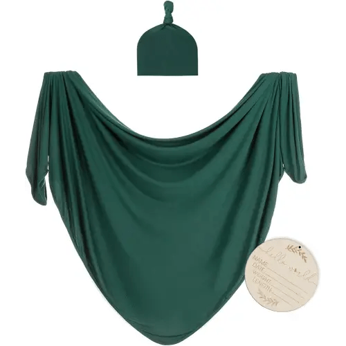 Large Jersey Knitted Swaddle Blanket for Baby, Soft Stretchy Receiving Blanket for Newborns with Hat, Baby Nursery Swaddle 47 x 47 inches(Peacock)